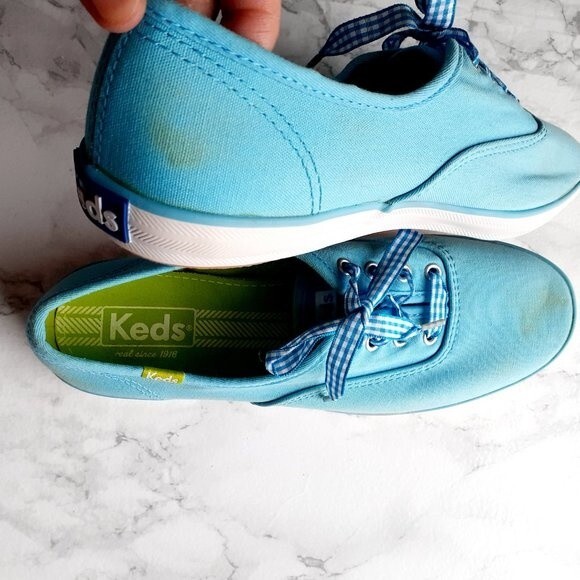 Keds Aqua Blue  Ladies Gingham Laces Canvas Low Top Sneaker Shoes Size 7.5 - Picture 2 of 14